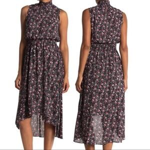 NWT Nanette Lepore Black Pink Ditsy Floral Smocked Neck Midi Dress 8 Hi-Low Hem